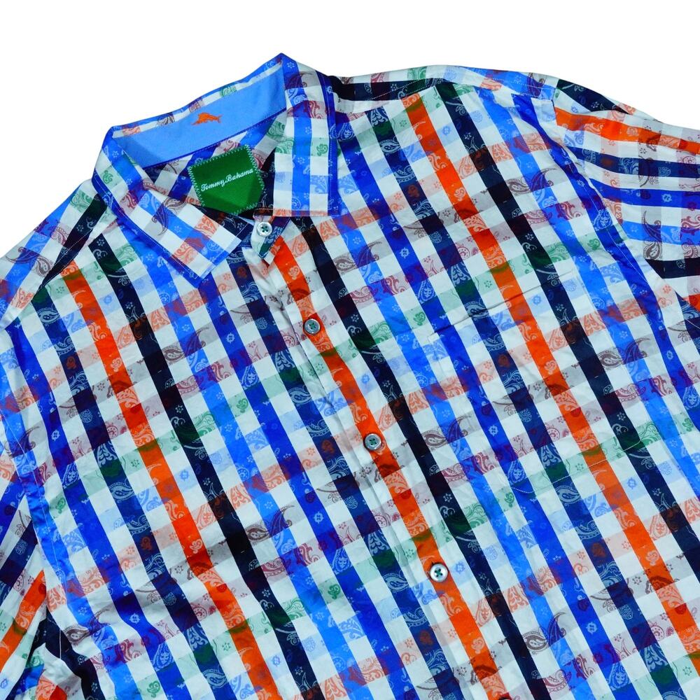 Tommy Bahama Paisley Check Plaid Multicolor Button Up Colorful Vacation Shirt XL